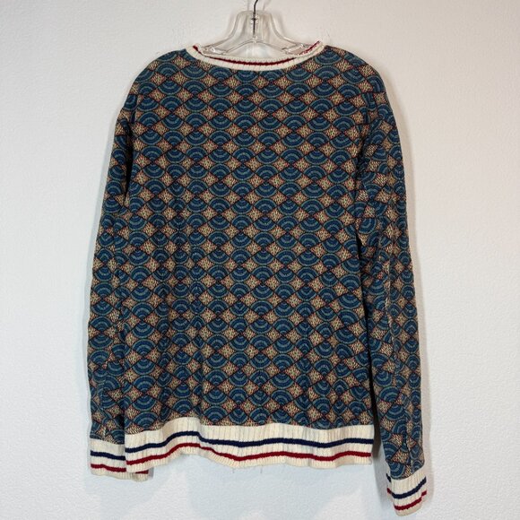 Zara Sweater Blue Red Geometric Print Striped Cuffs Cotton XL - Picture 2 of 10
